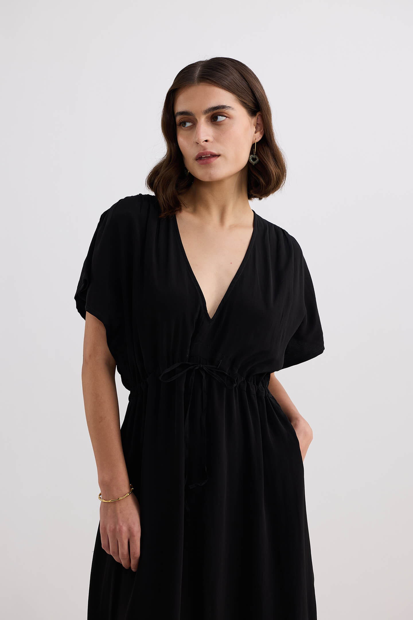 V-neck Gathered Maxi Dress in Black Longshot