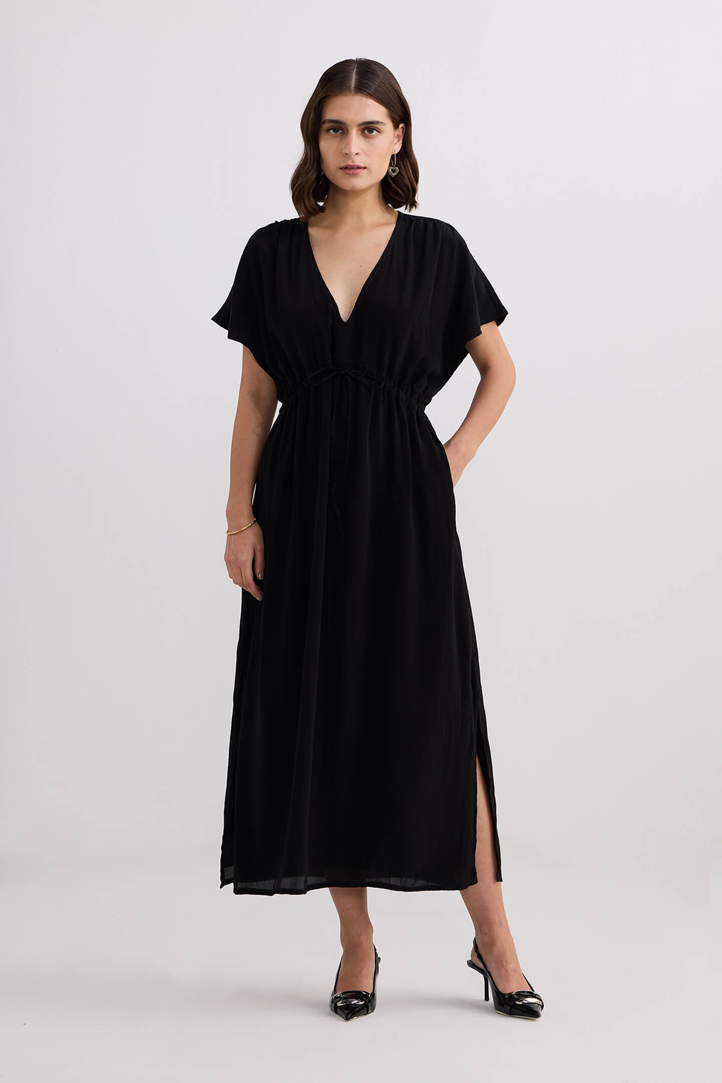 V-neck Gathered Maxi Dress in Black Longshot