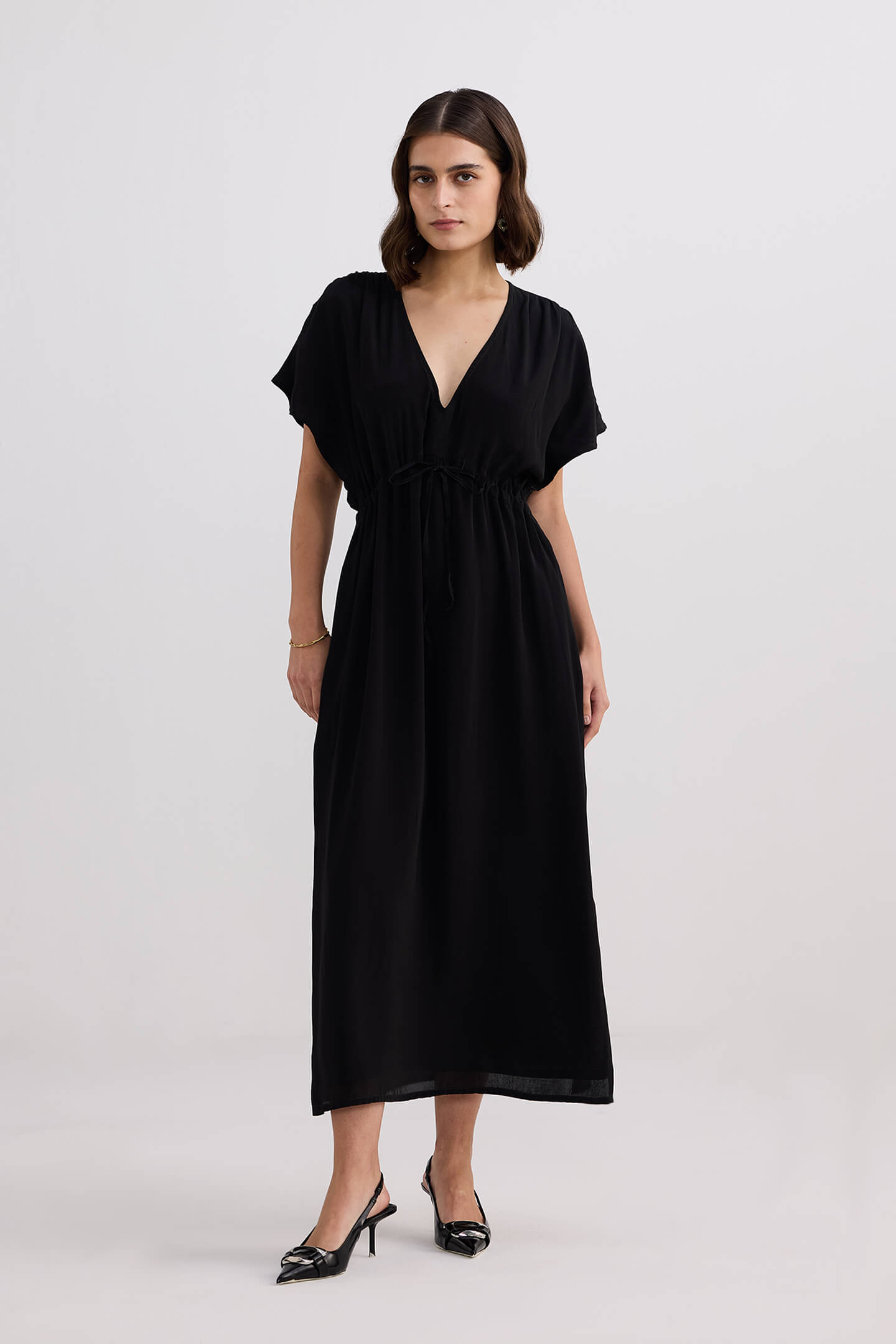 V-neck Gathered Maxi Dress in Black Longshot