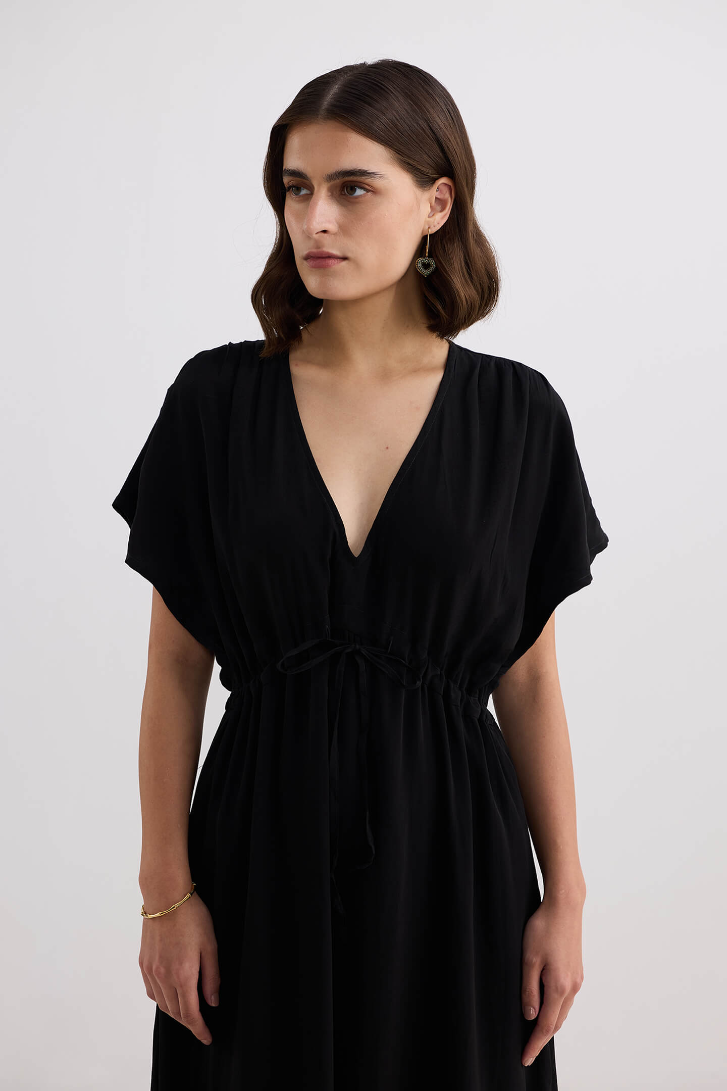 V-neck Gathered Maxi Dress in Black Longshot