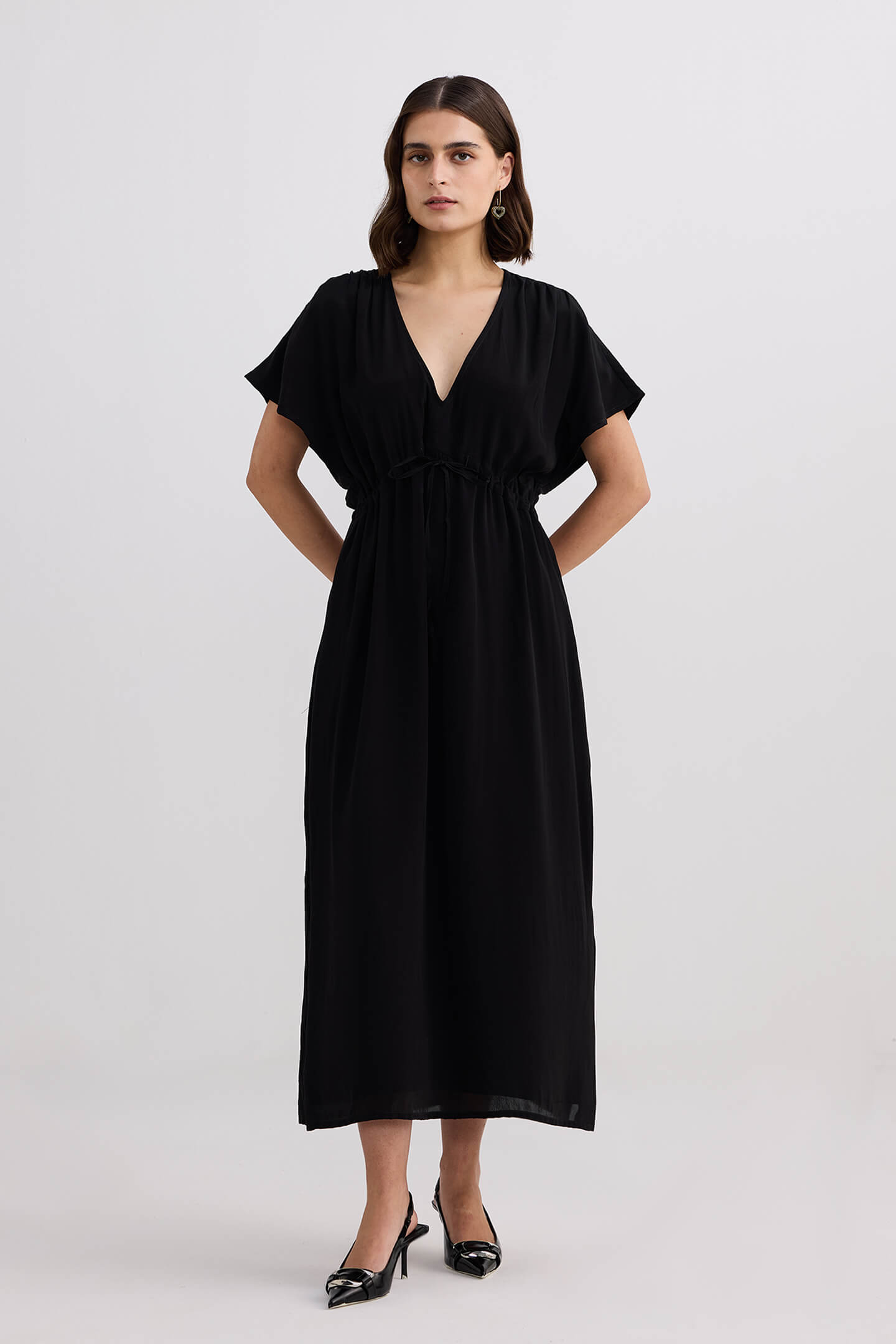 V-neck Gathered Maxi Dress in Black Longshot