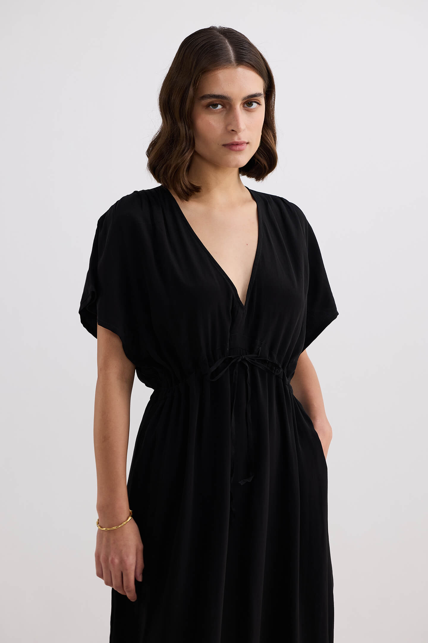 V-neck Gathered Maxi Dress in Black Longshot