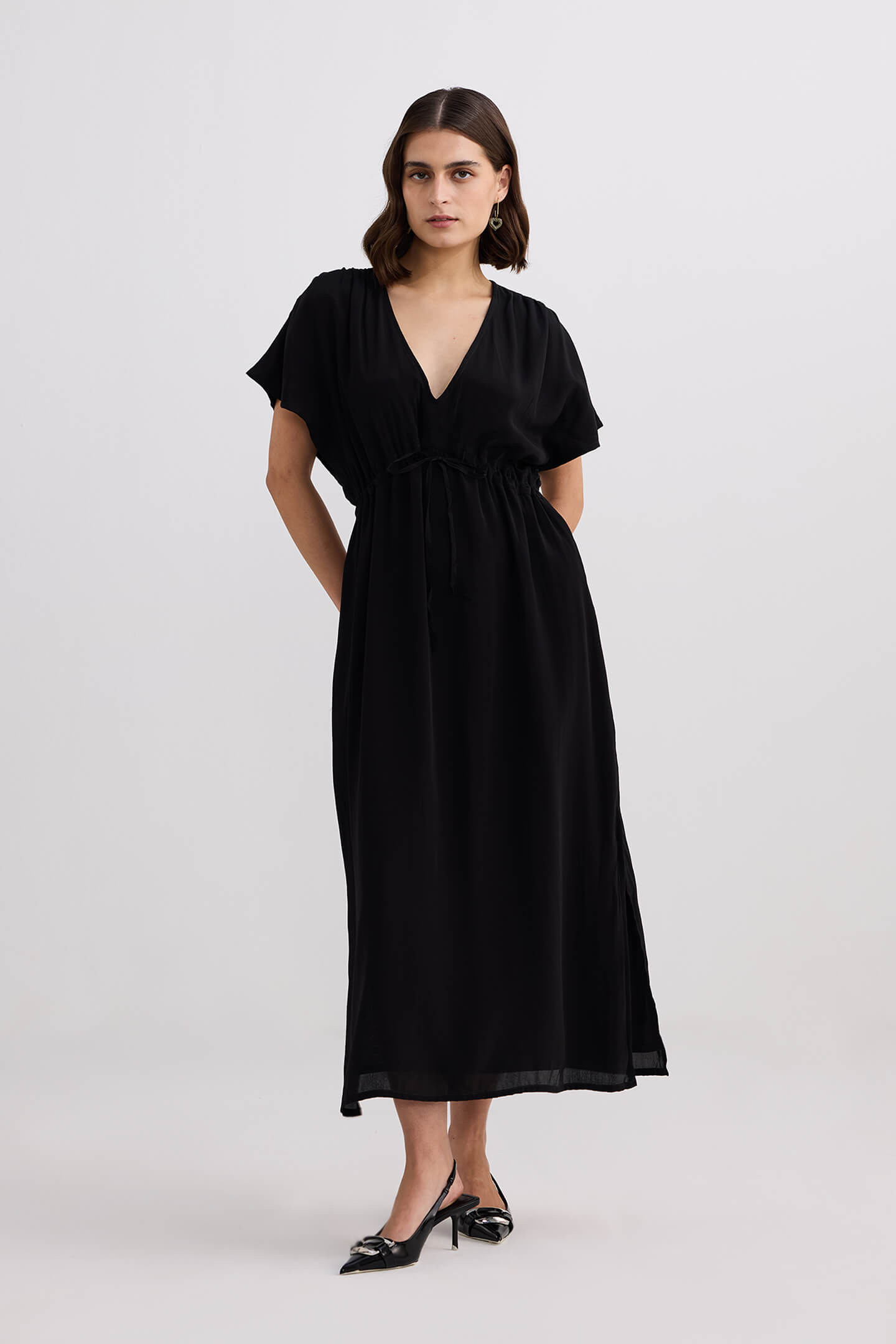 V-neck Gathered Maxi Dress in Black Longshot