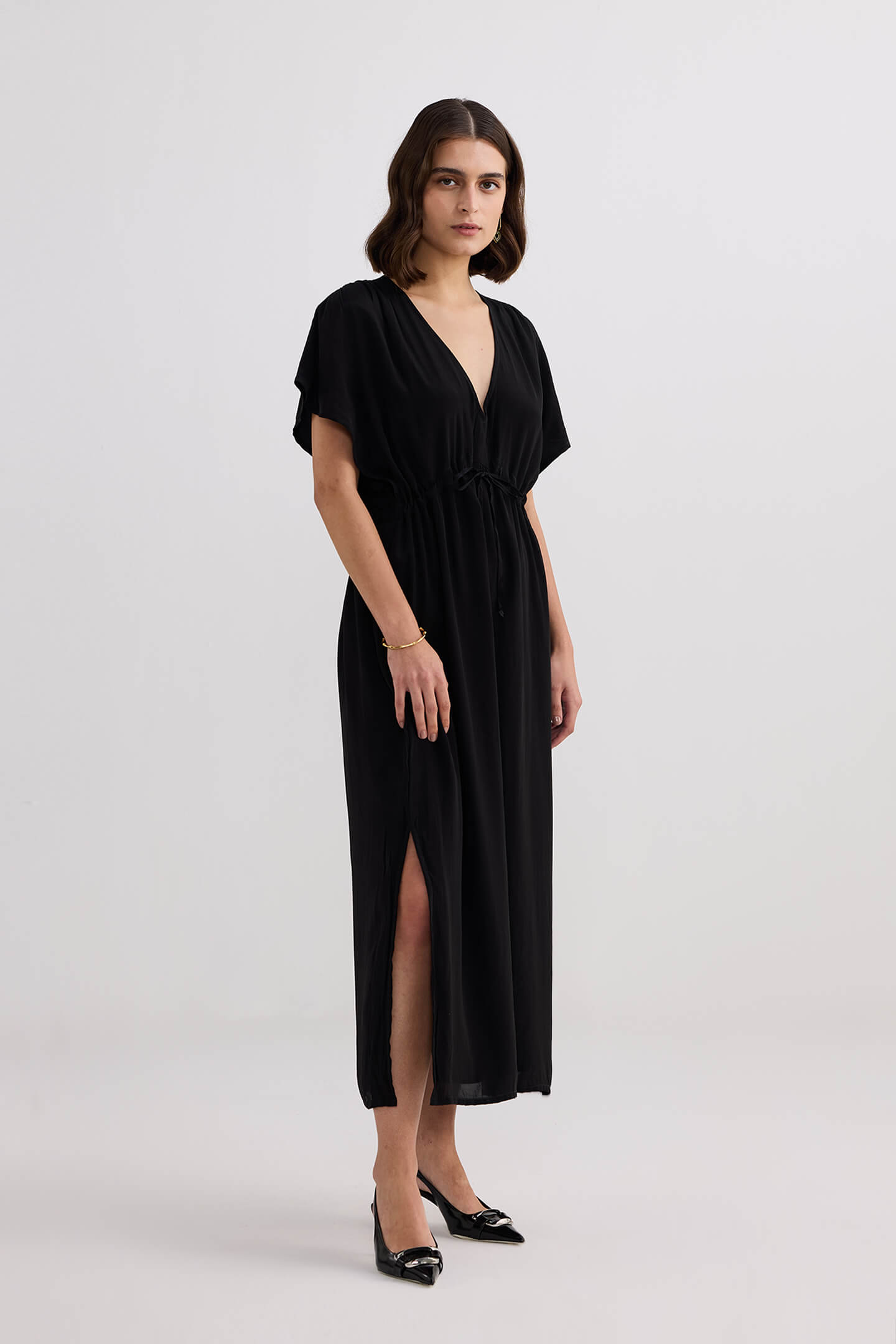 V-neck Gathered Maxi Dress in Black Longshot