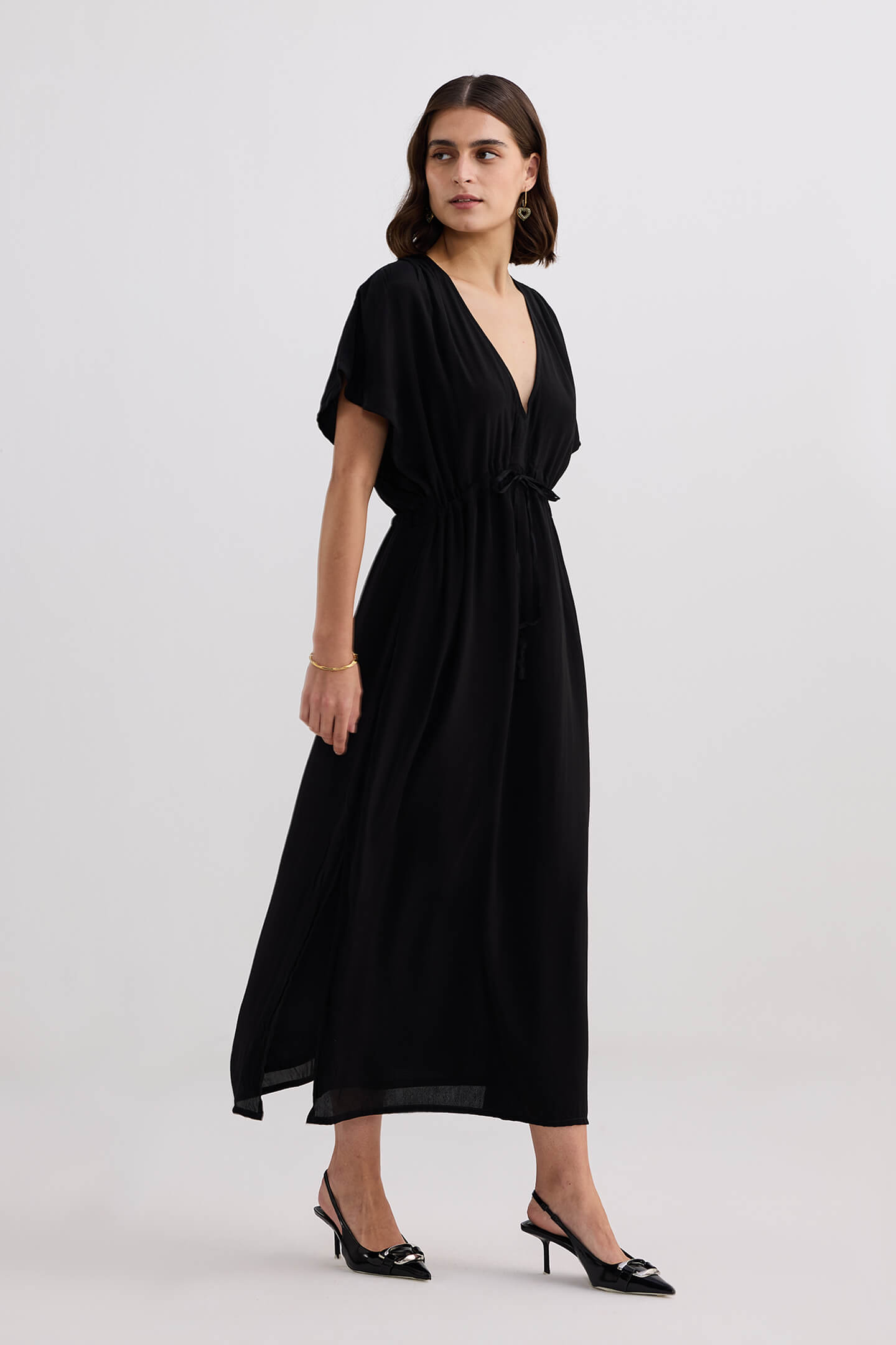 V-neck Gathered Maxi Dress in Black Longshot
