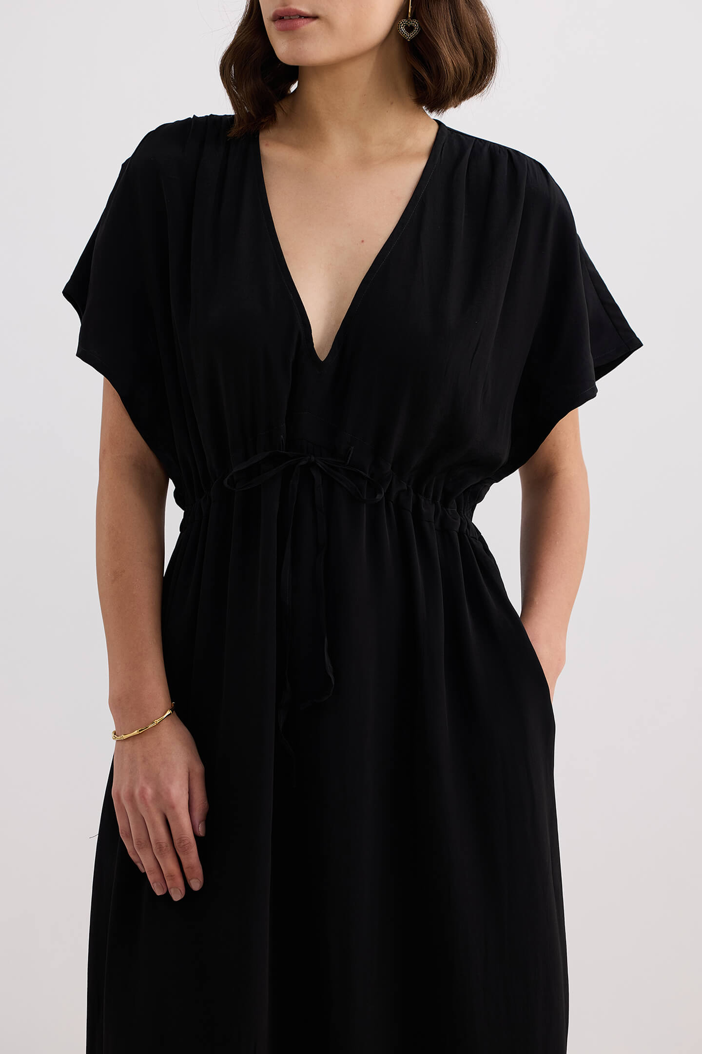 V-neck Gathered Maxi Dress in Black Longshot