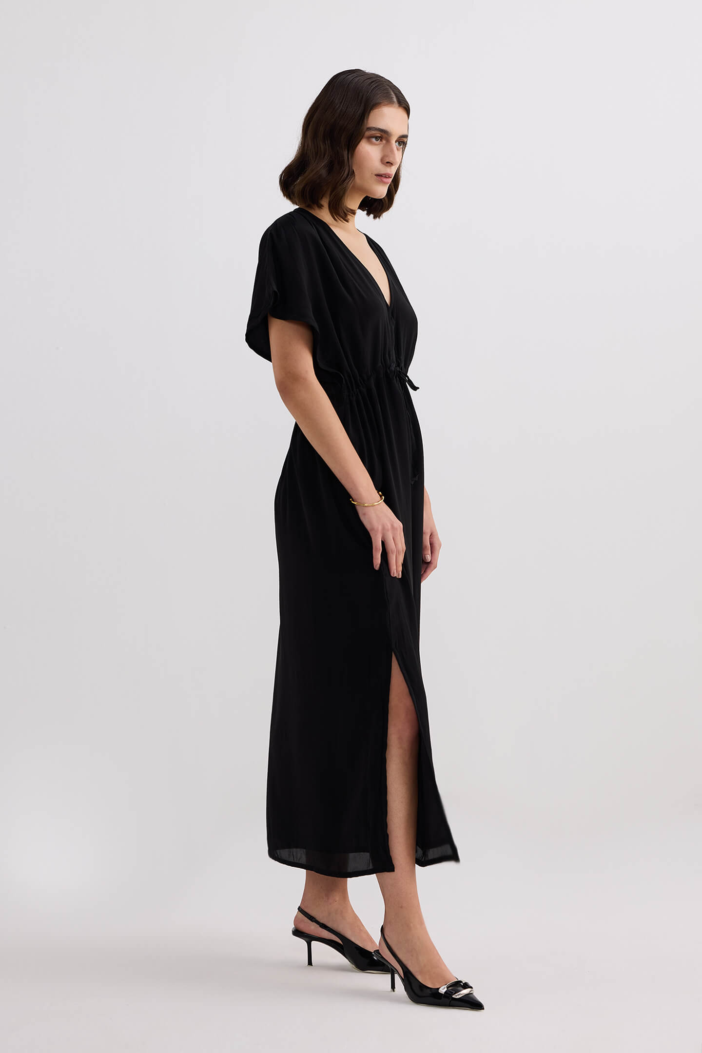 V-neck Gathered Maxi Dress in Black Longshot