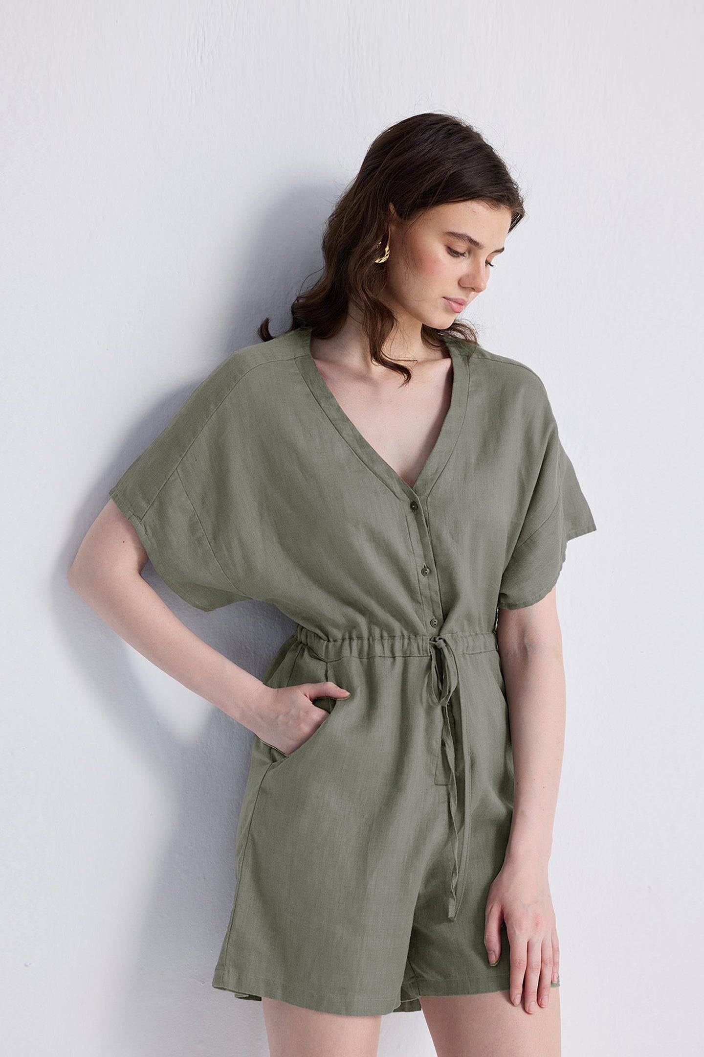 V neck Drawstring Romper in Dark Green Medium Shot