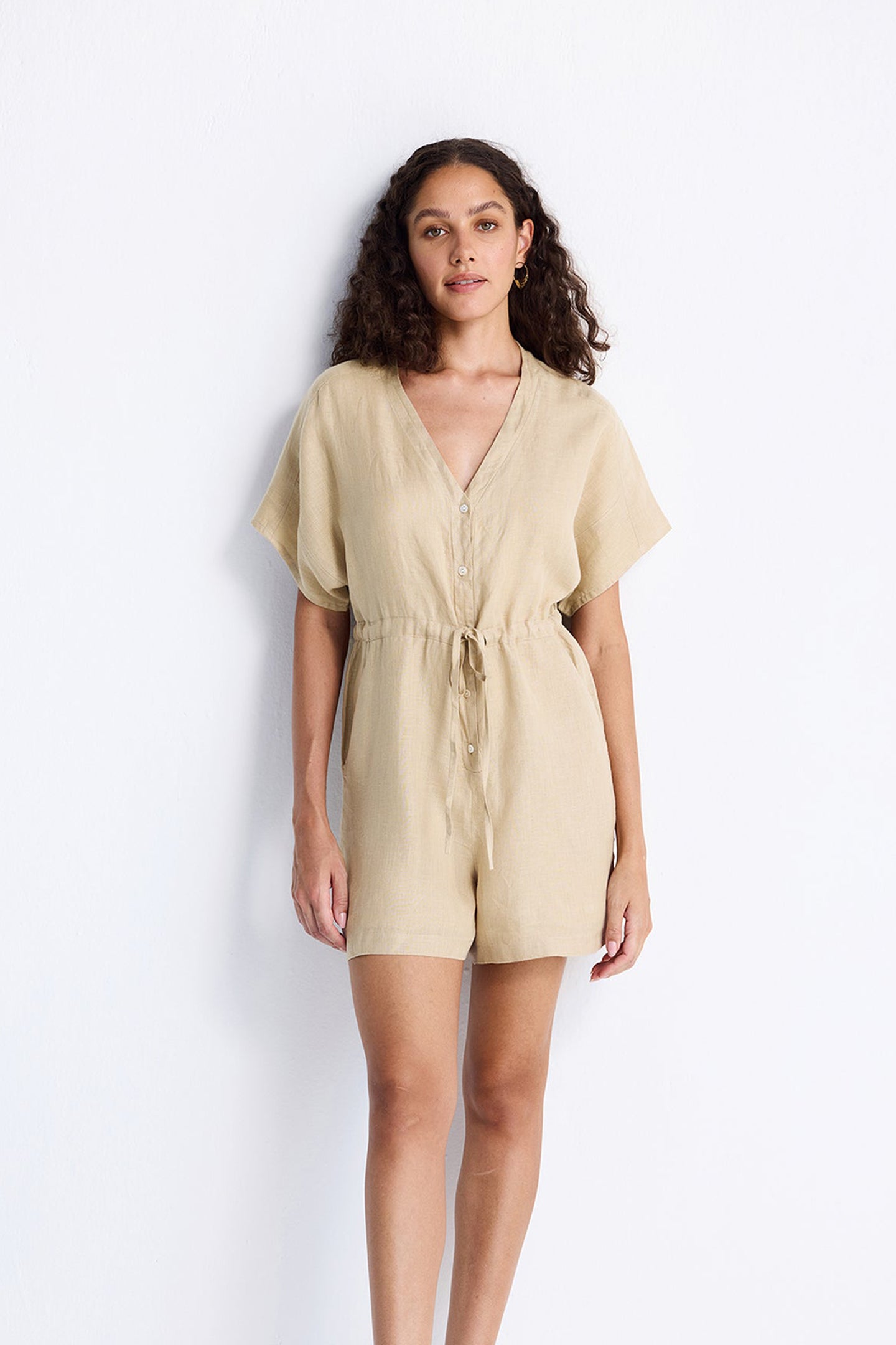 V neck Drawstring Romper in Neutral Beige Long Shot