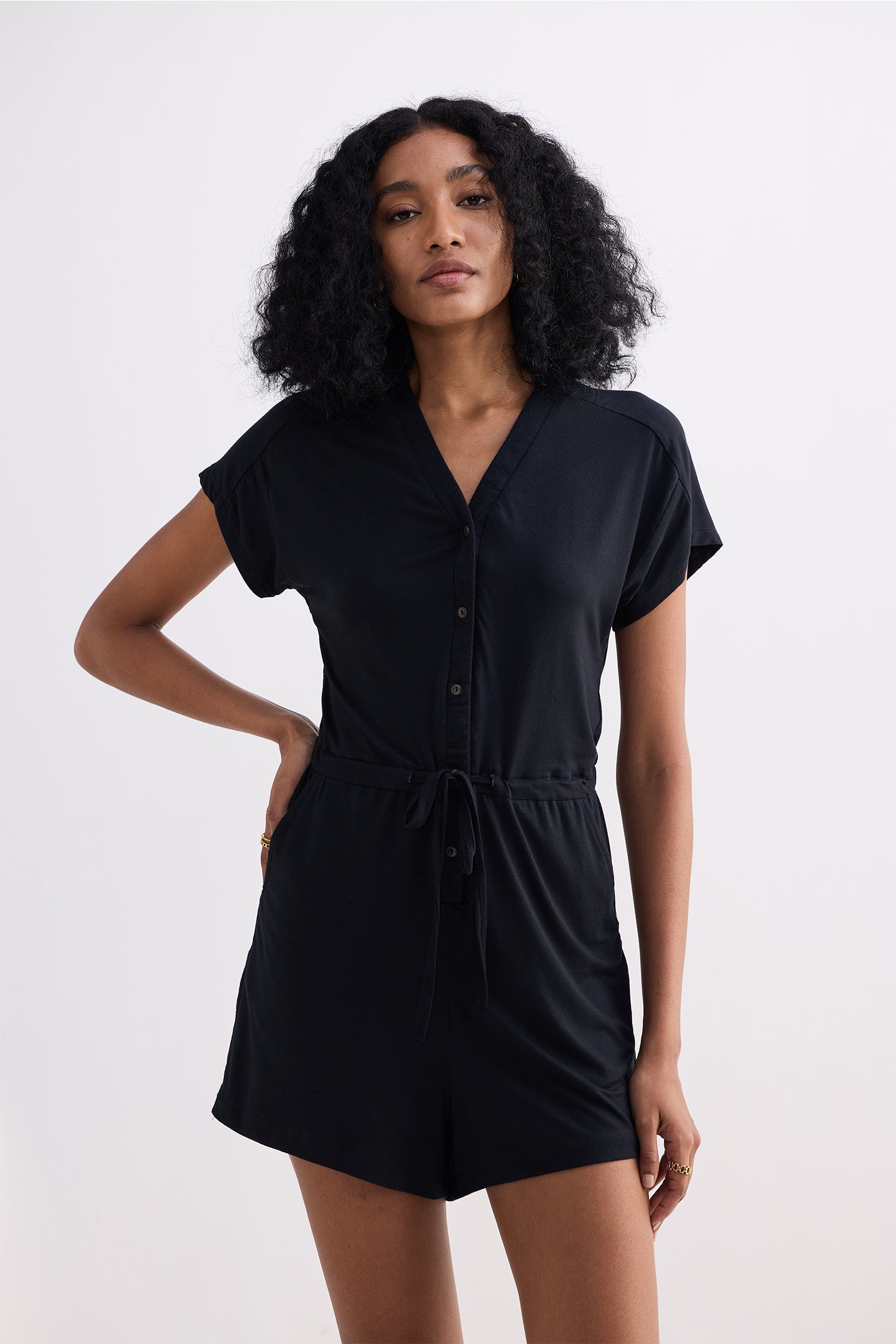 V neck Drawstring Knit Romper in Black Longshot