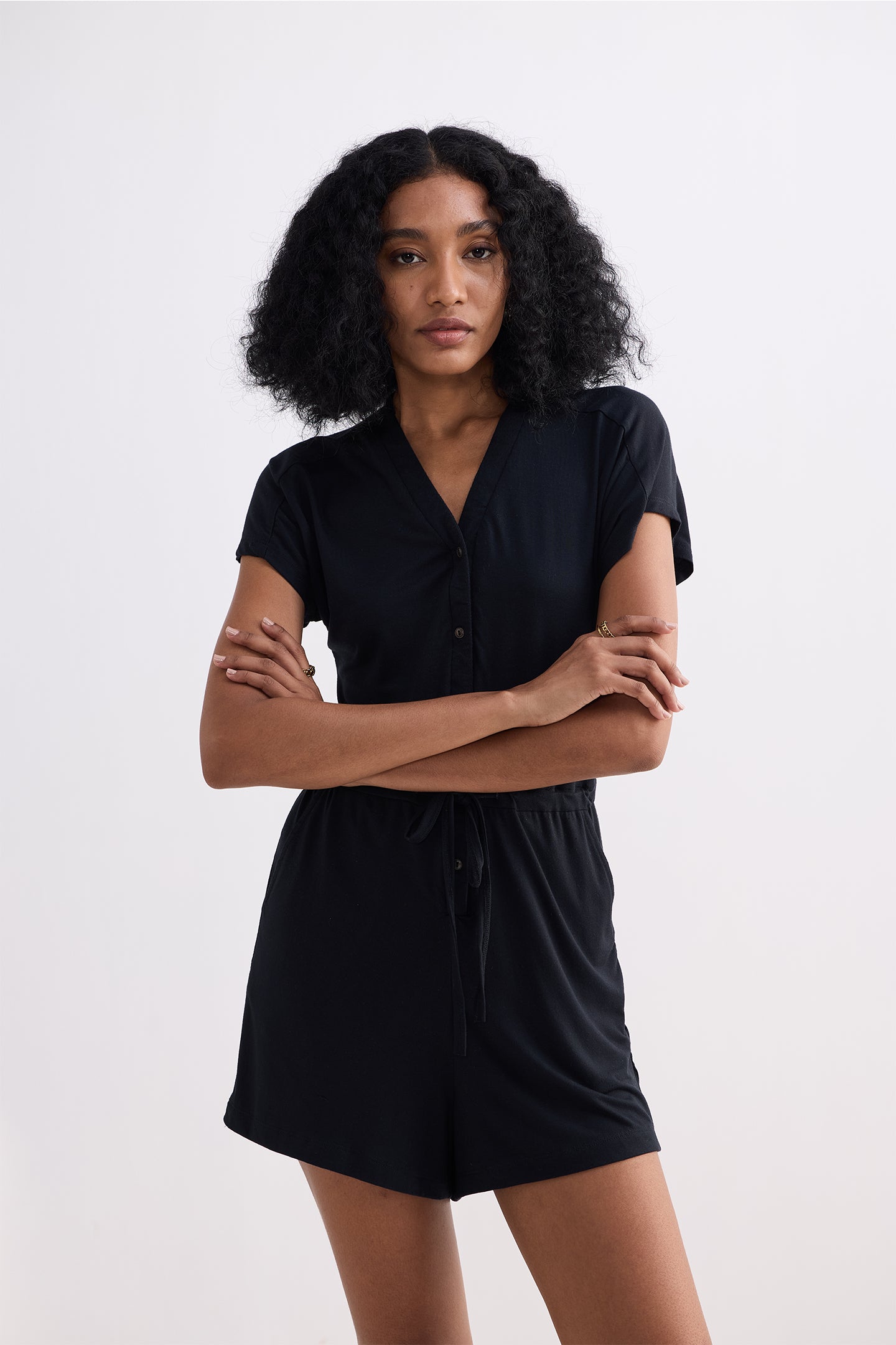 V neck Drawstring Knit Romper in Black Longshot