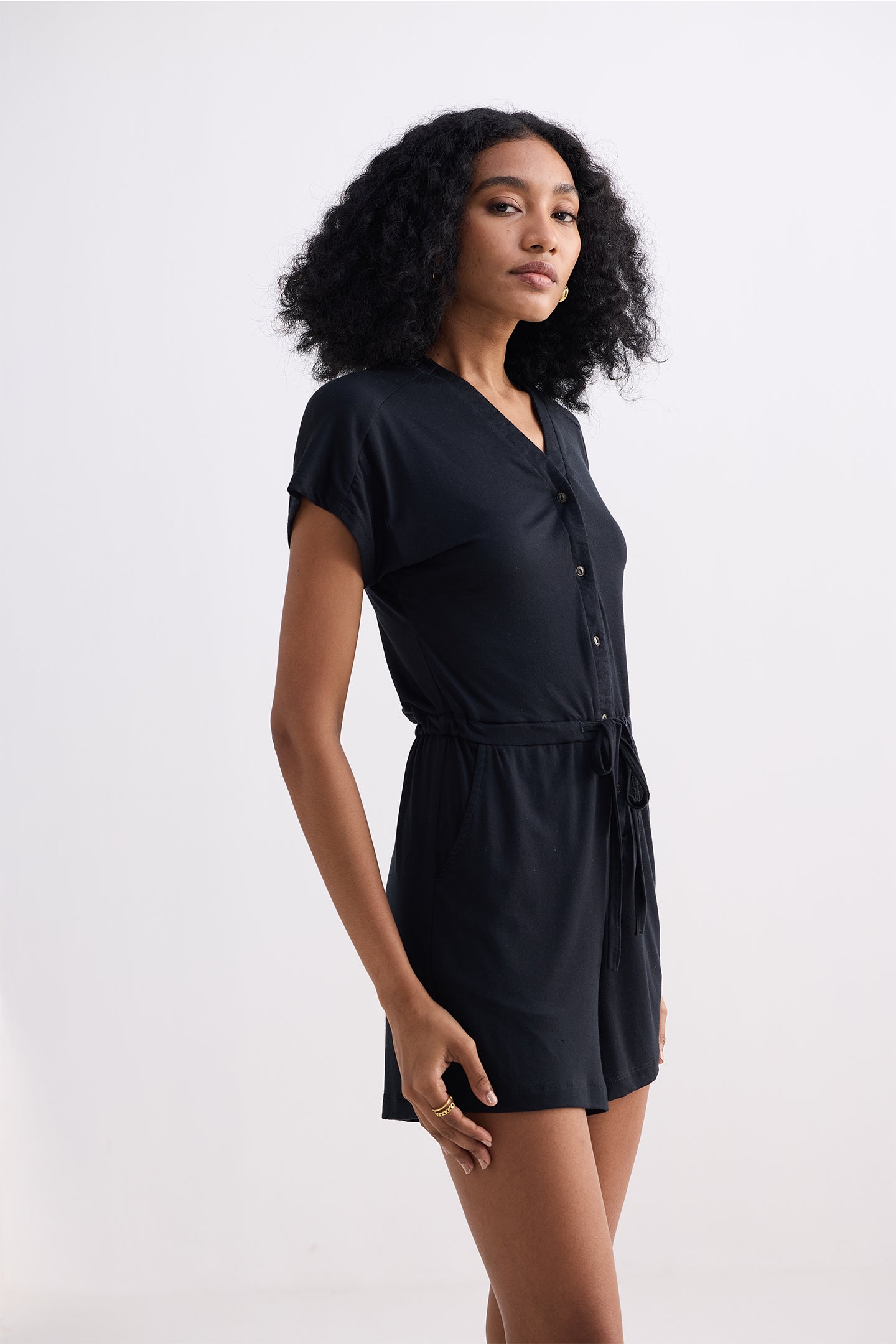 V neck Drawstring Knit Romper in Black Longshot