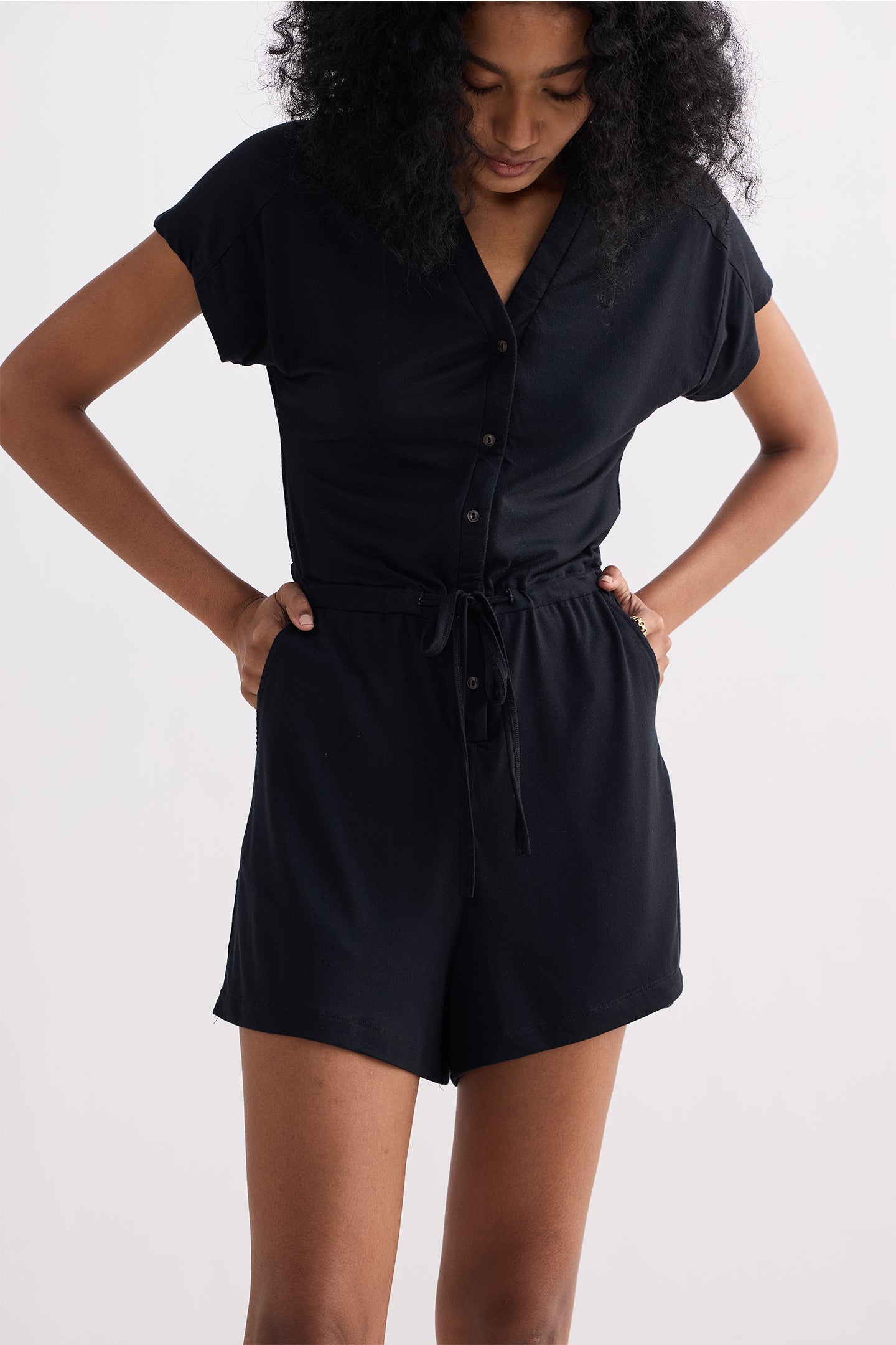 V neck Drawstring Knit Romper in Black Closeup