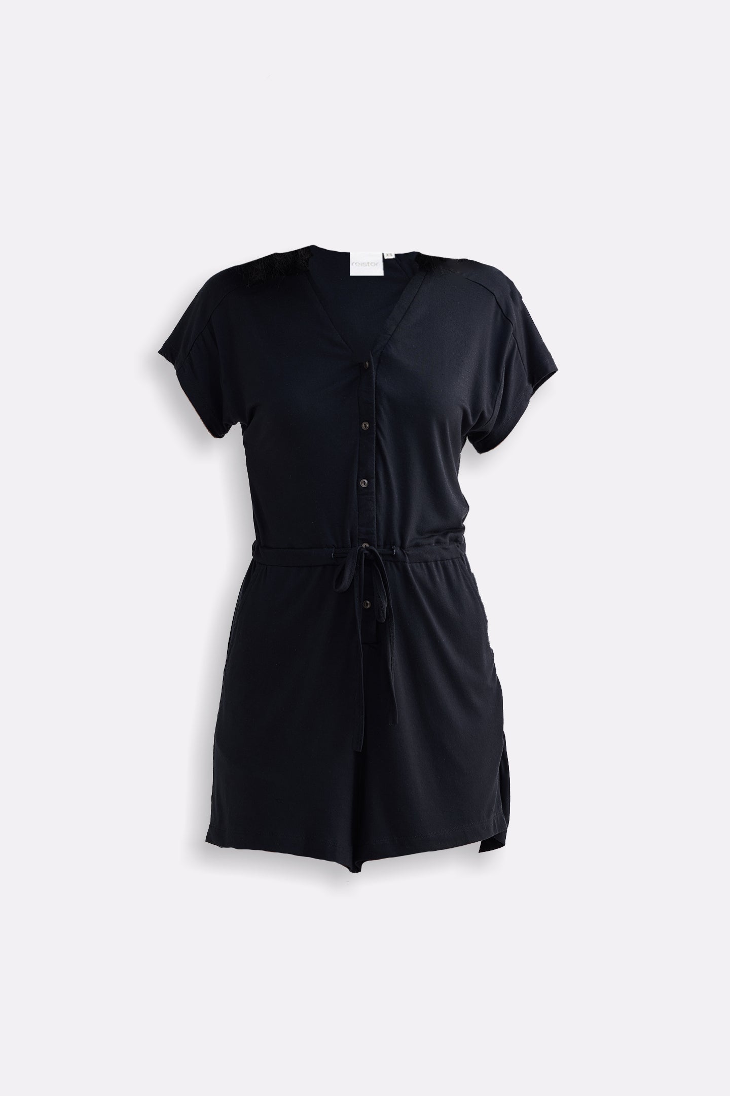 V neck Drawstring Knit Romper in Black Flat Lay