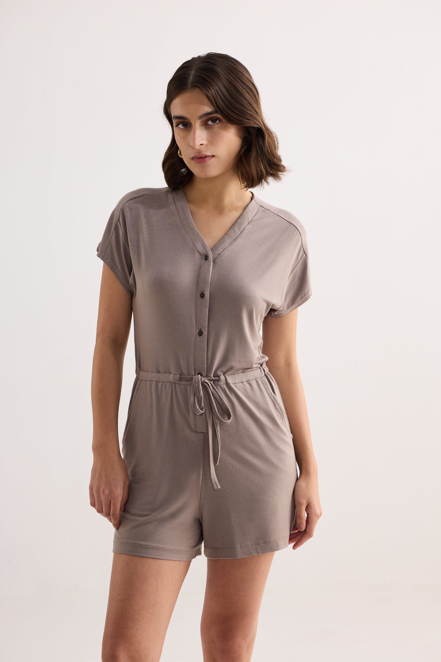 V-neck Drawstring Knit Romper in Dusty brown Longshot