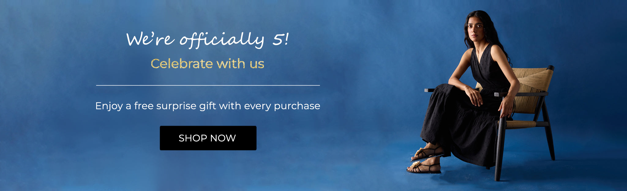 Woman sitting on a chair with promotional text on a blue background