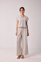 Striped Matching Set with Wide-Leg Pants and V-neck Top