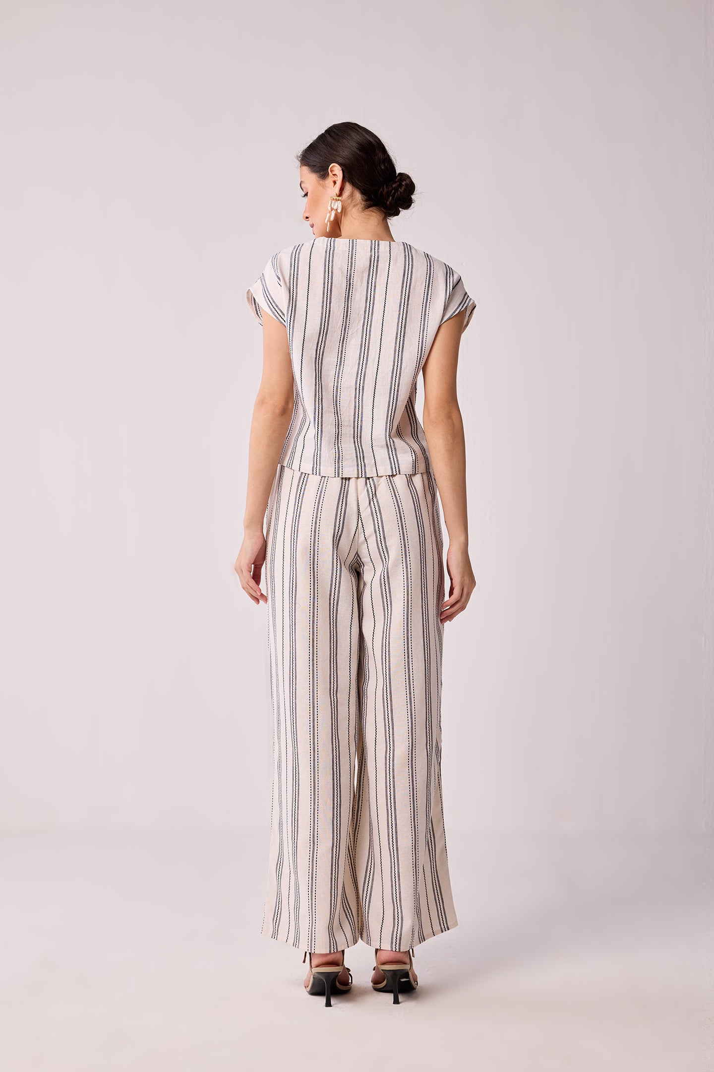 Striped Matching Set with Wide-Leg Pants and V-neck Top