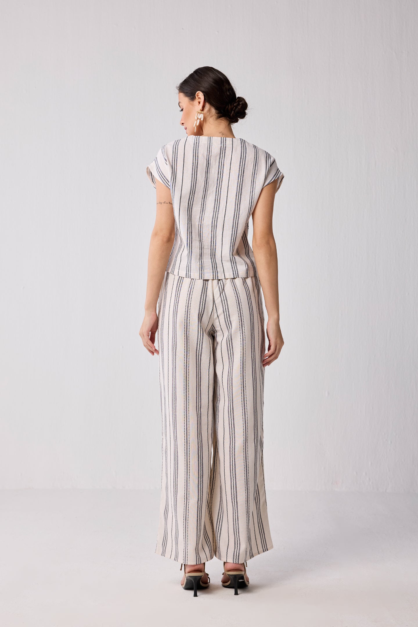 Striped Matching Set with Wide-Leg Pants and V-neck Top