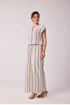 Striped Matching Set with Wide-Leg Pants and V-neck Top