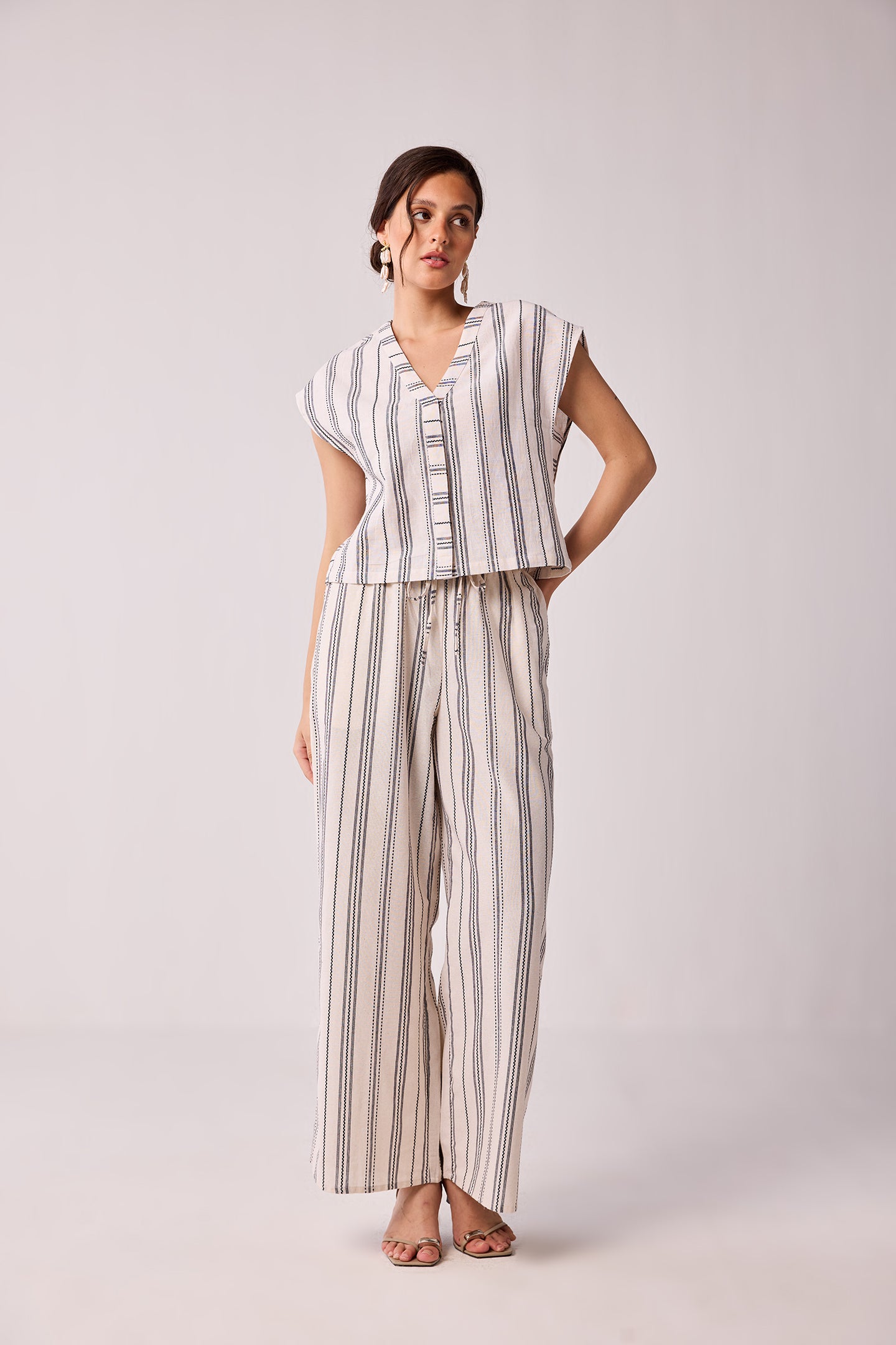Striped Matching Set with Wide-Leg Pants and V-neck Top