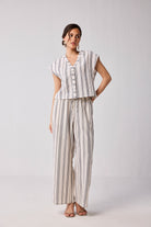 Striped Matching Set with Wide-Leg Pants and V-neck Top