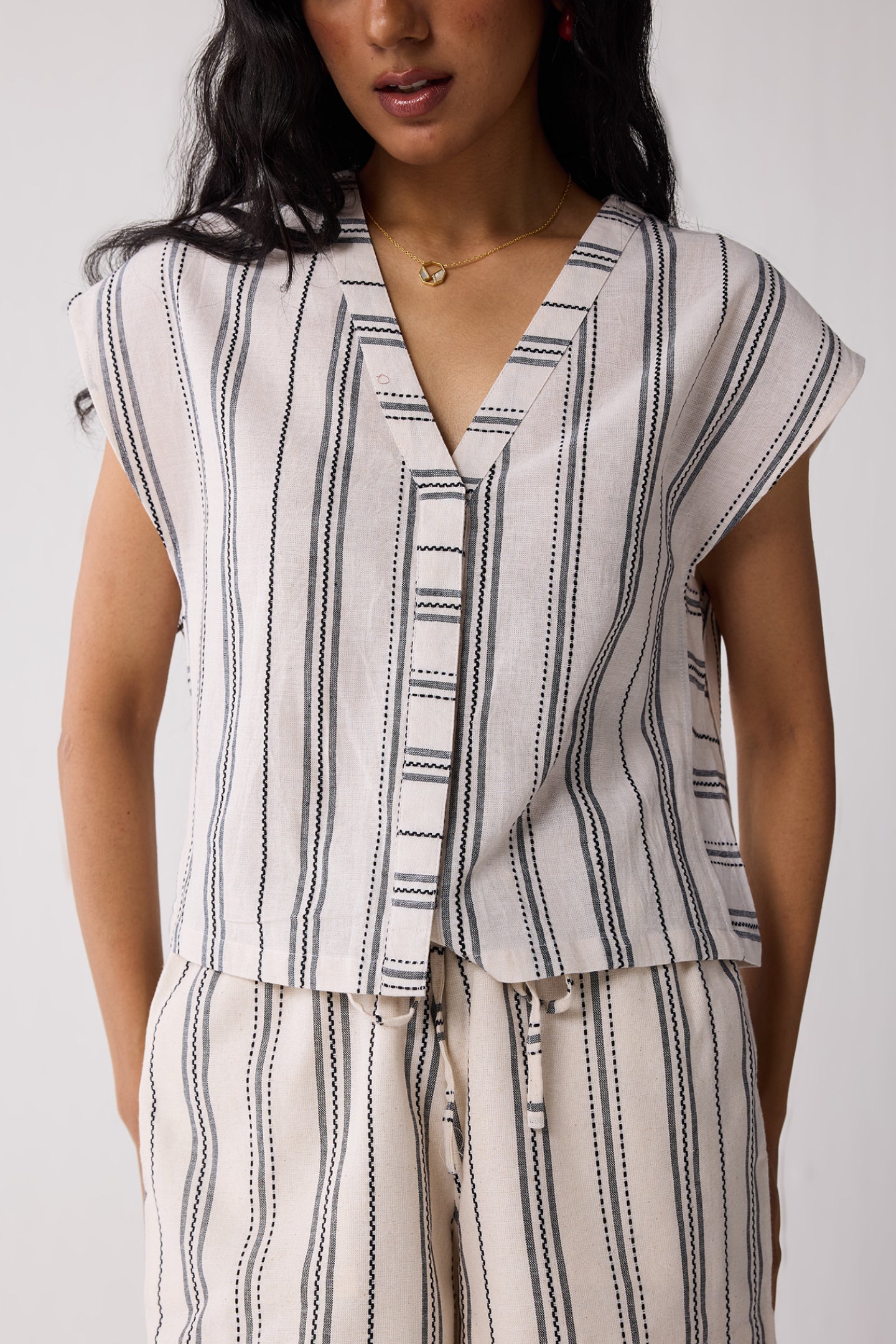 Striped Matching Set with Wide-Leg Pants and V-neck Top