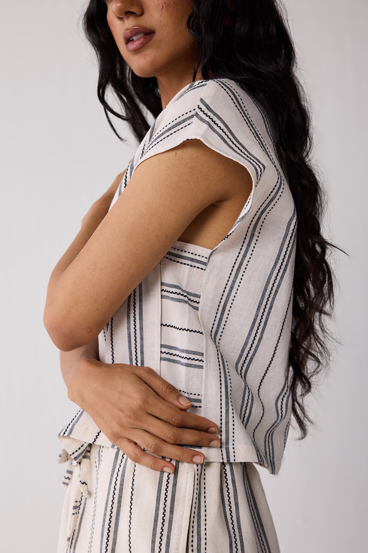 Striped Matching Set with Wide-Leg Pants and V-neck Top