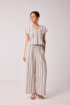 Striped Matching Set with Wide-Leg Pants and V-neck Top