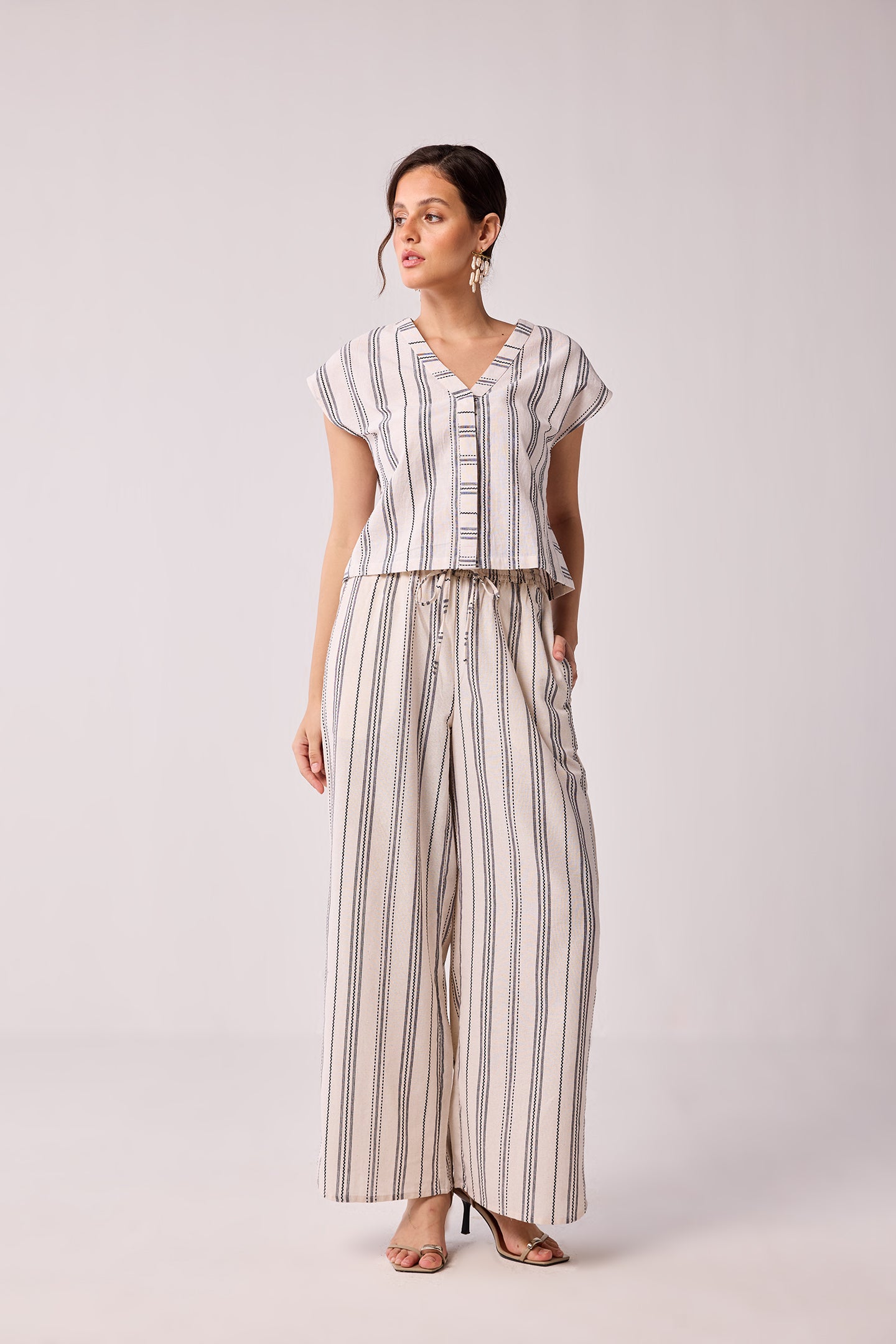 Striped Matching Set with Wide-Leg Pants and V-neck Top