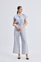 reistor Wide Leg Linen Pants – Sustainable and breathable grey striped linen trousers with a relaxed fit for women.