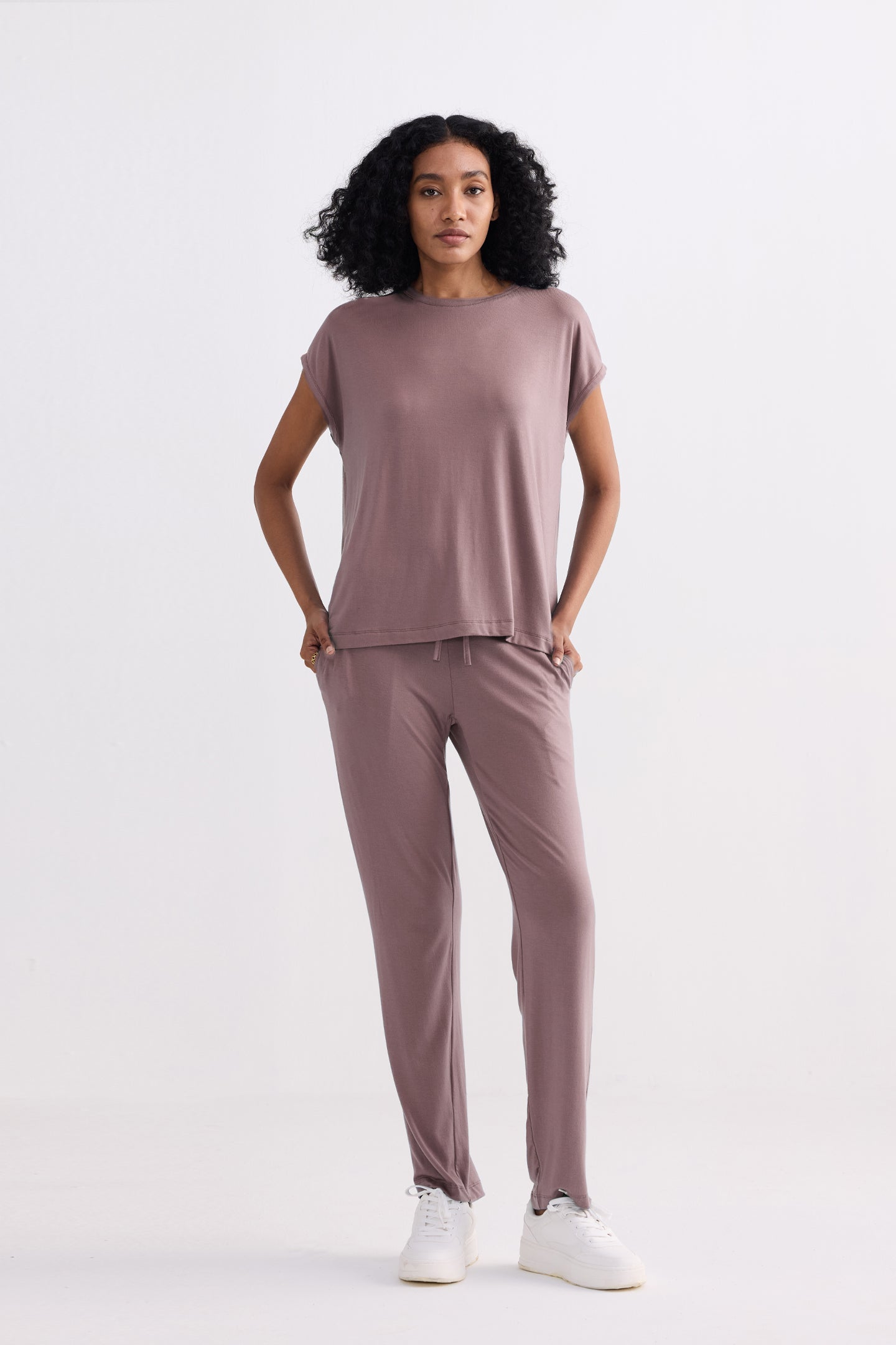 wide leg pant in dusty rose with relaxed straight fit
