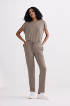 wide leg pant in earth grey styled for everyday comfort wear
