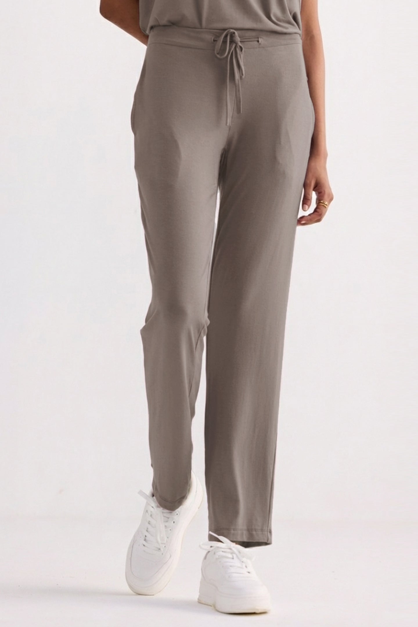 Eco-friendly Earth Grey wide leg pants detail view