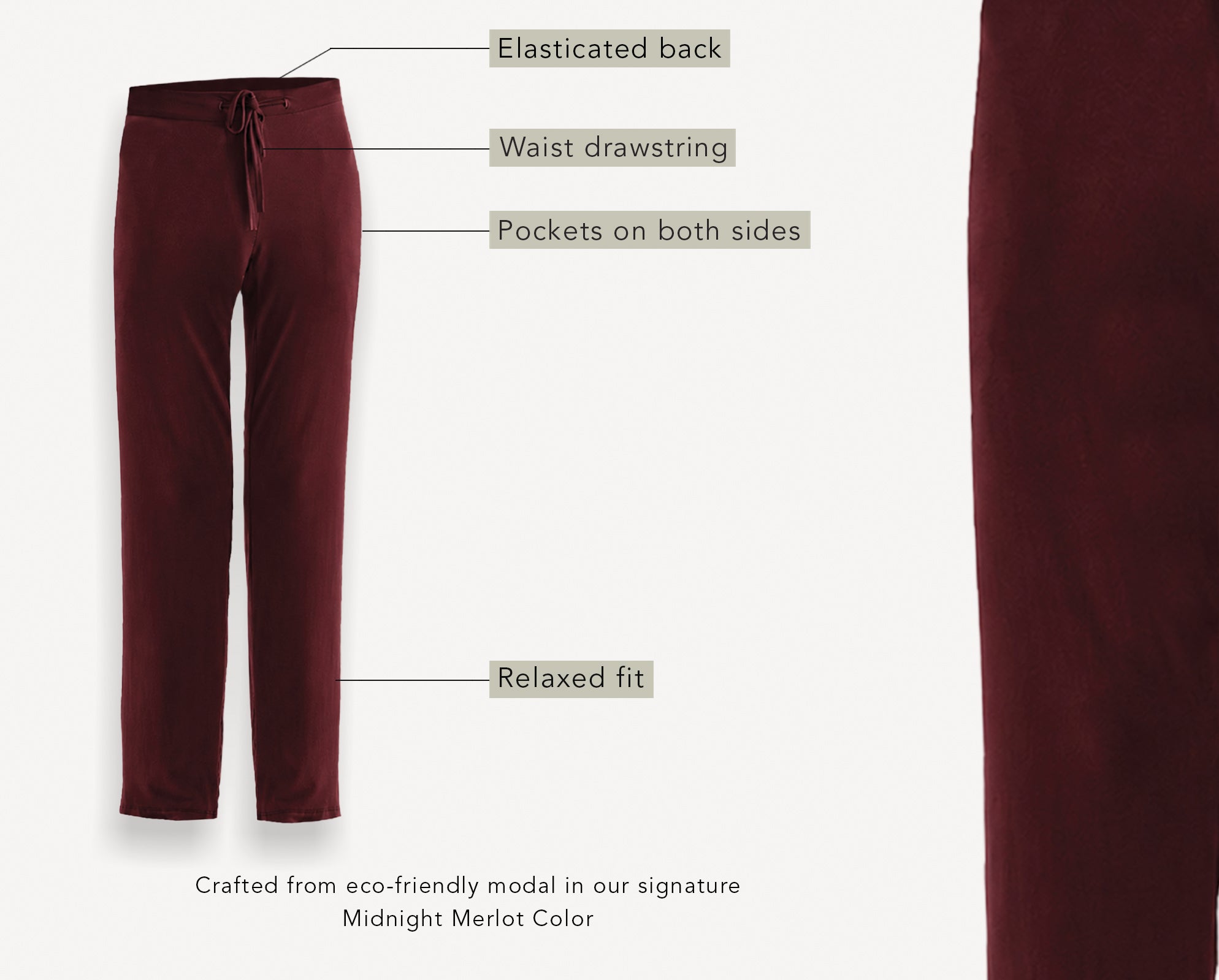 Merlot pants with features labeled on a white background