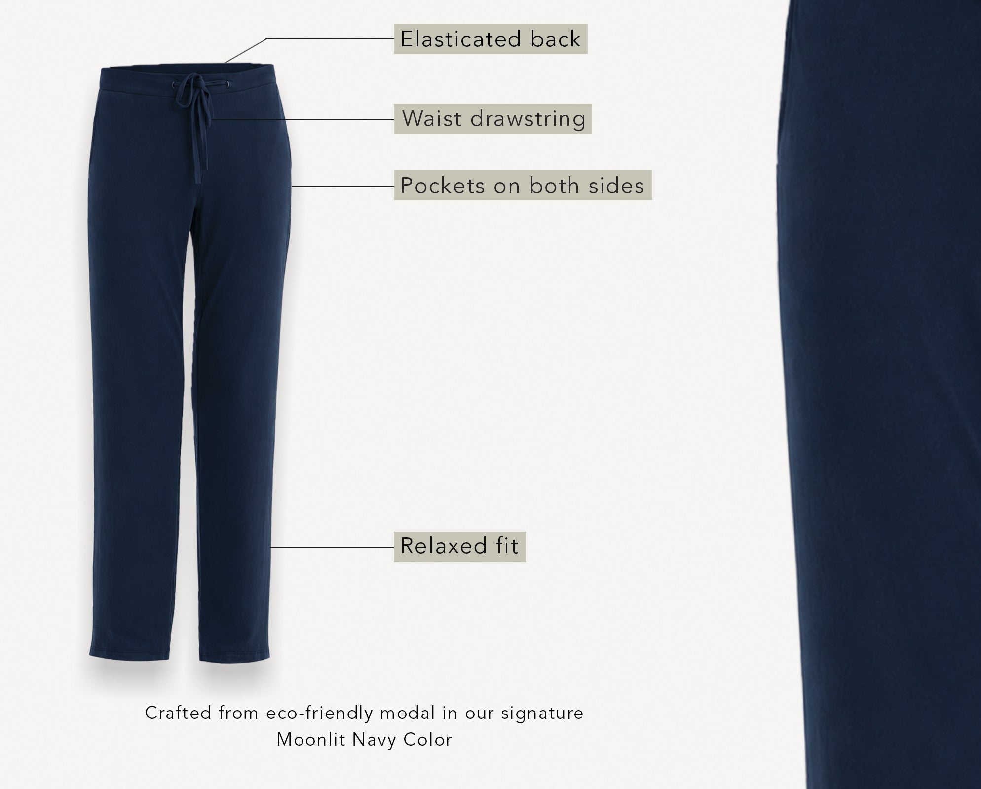 Navy pants with features labeled on a white background