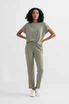 Wide leg pant in light olive styled for everyday comfort