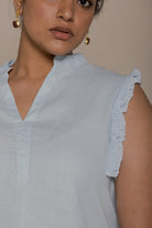 Reistor Wind in my Hair Shirt in Blue designed with graceful frill sleeves, breathable fabric and a relaxed contemporary fit.