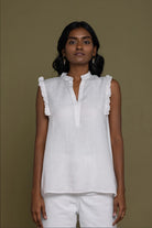 Reistor Wind in my Hair Shirt in White for women with ruffle sleeves, split neckline and relaxed linen fit