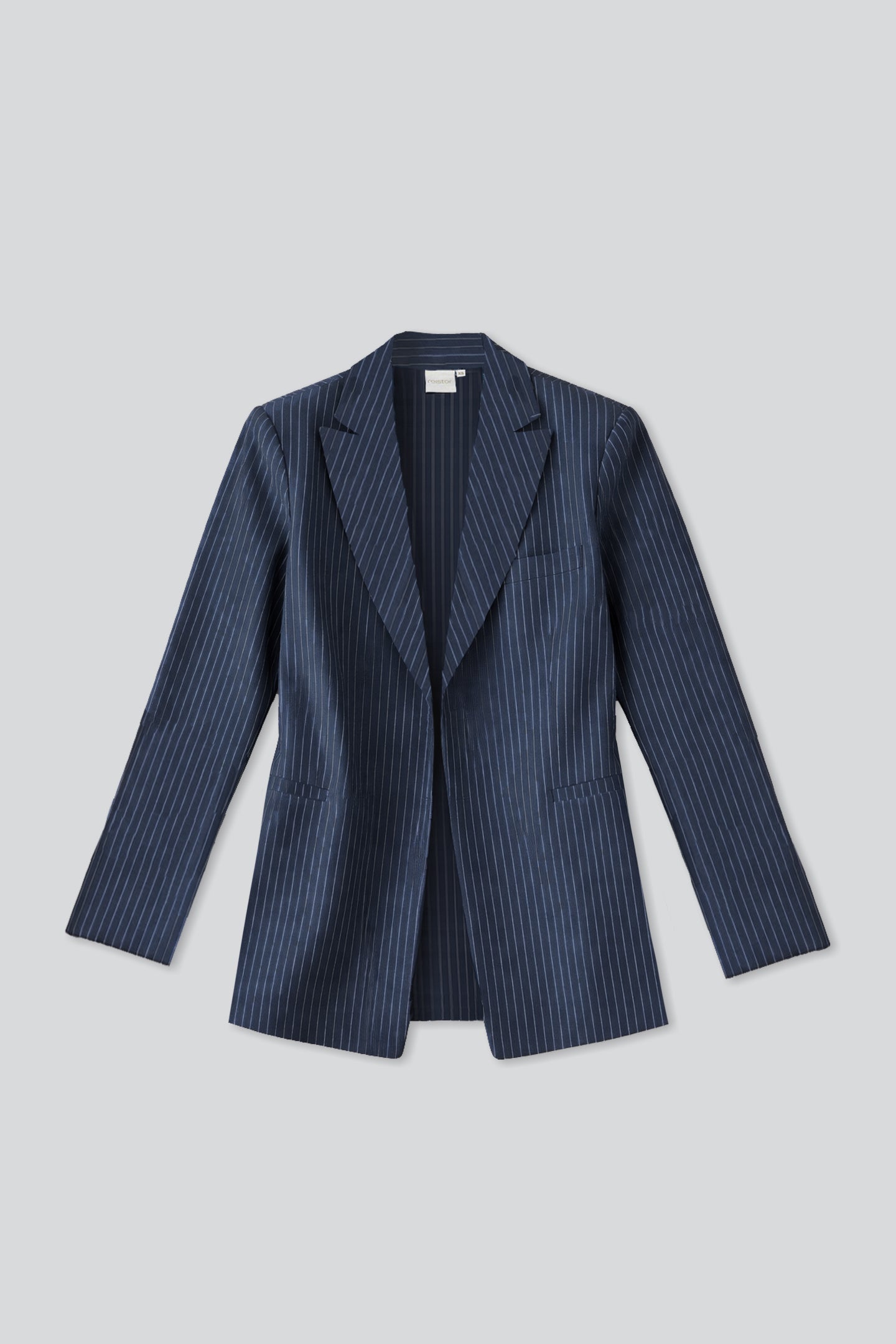 Blue pinstripe blazer on a light gray background