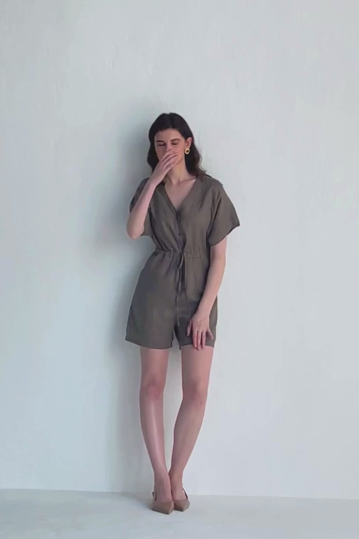 v-neck-drawstring-romper-in-dark-green-video-9