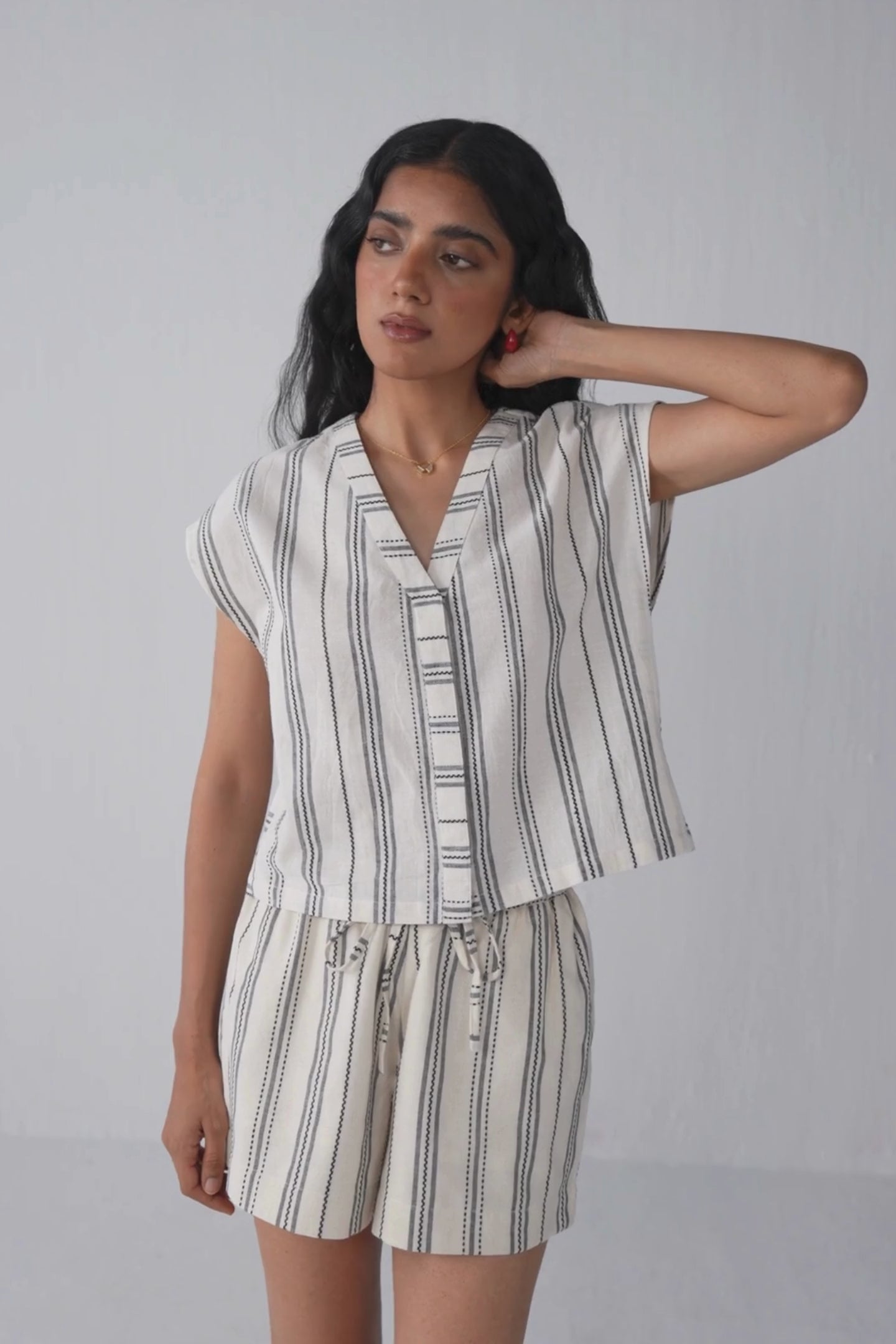Relaxed V-neck Top in Stripes