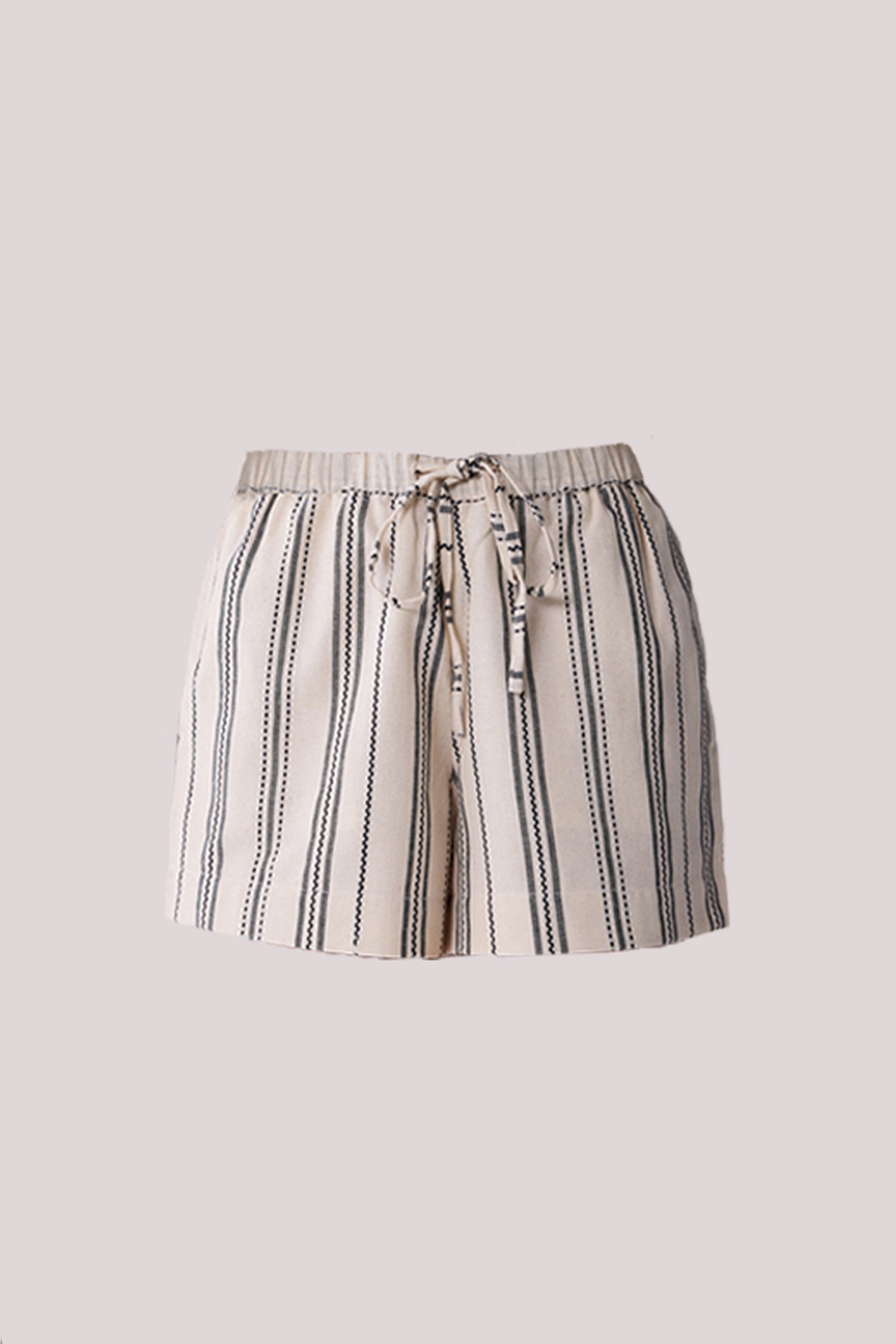 Striped shorts with a tie waist on a light gray background