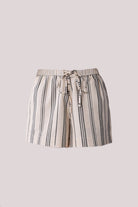Striped shorts with a tie waist on a light gray background