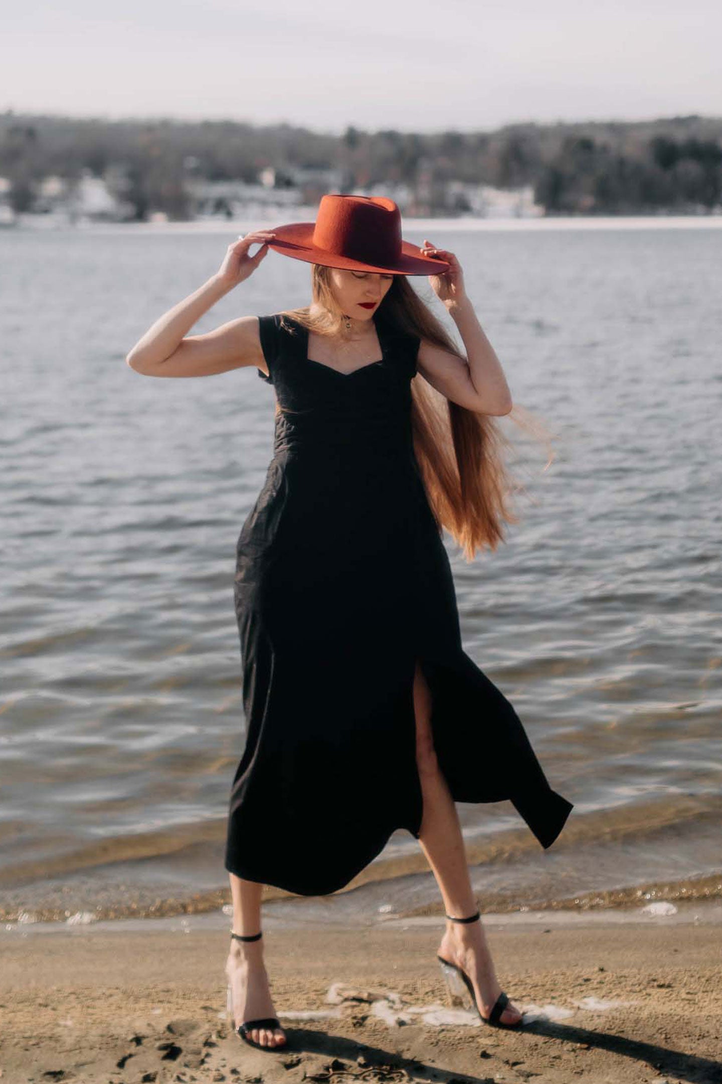 Ruched Dress with Front Slit in Black Moodshot