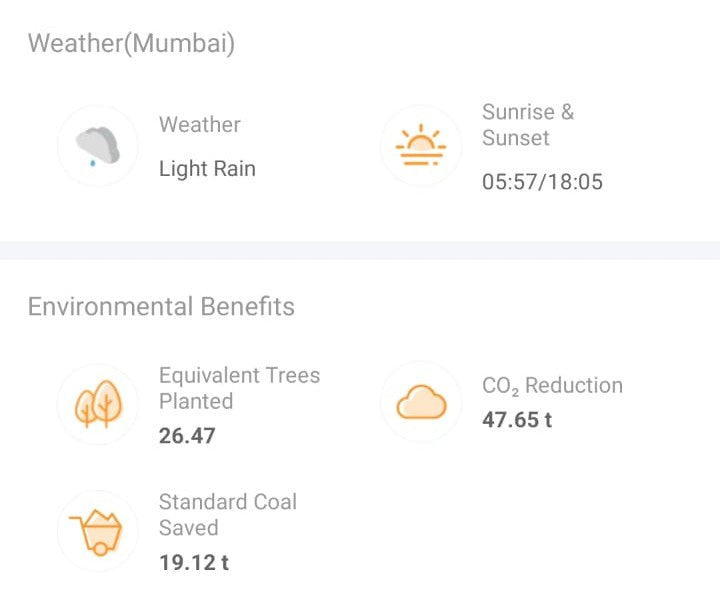 Weather app screen showing Mumbai weather details with environmental benefits.