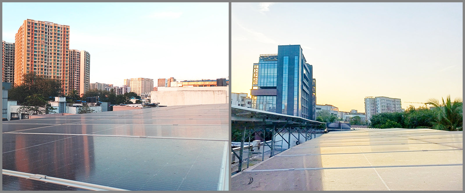 Two views of a rooftop with solar panels and surrounding buildings.