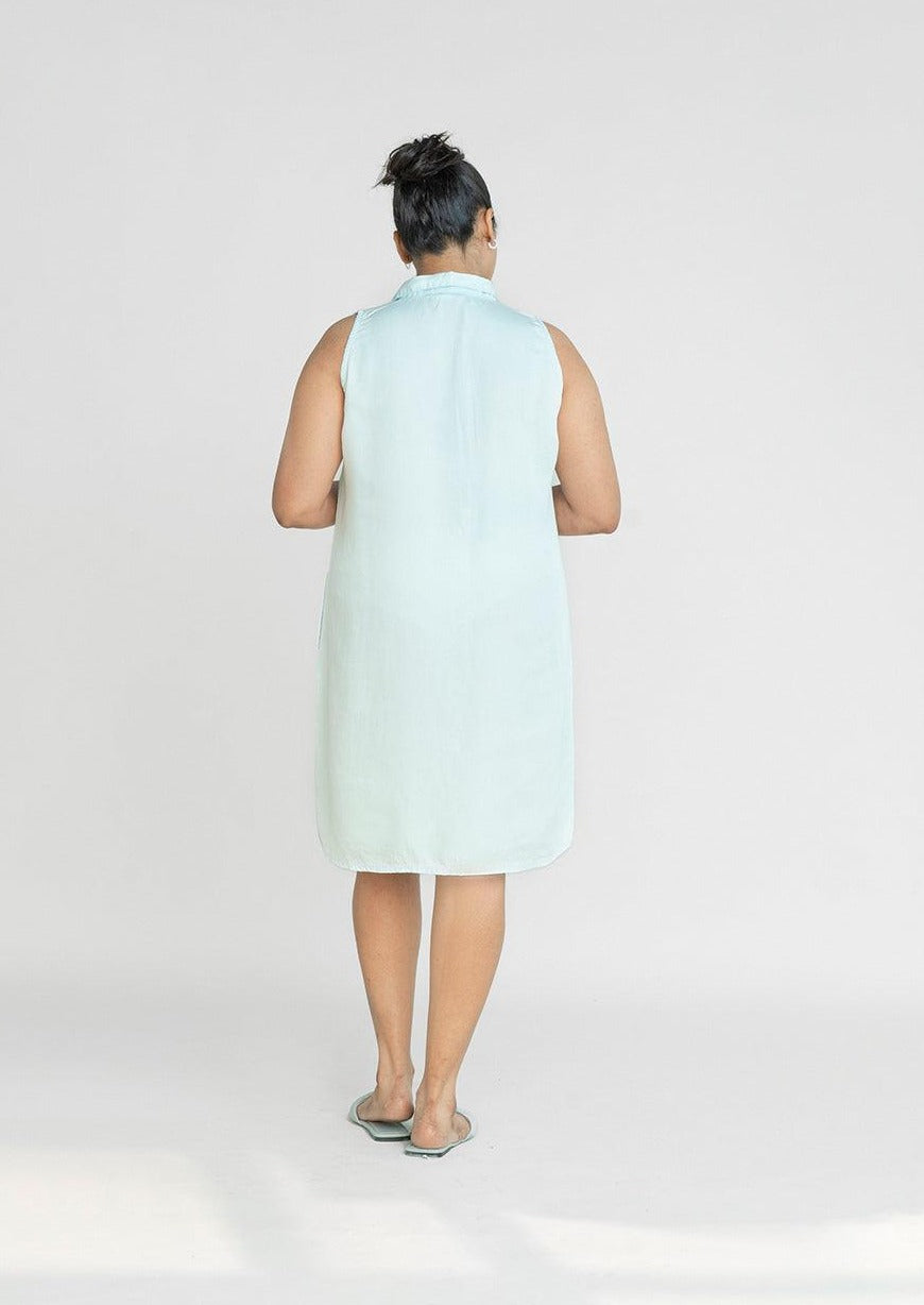 Back view of Reistor Dreaming of Blue Skies Dress, sleeveless collared button-front dress in soft blue with a relaxed fit, sustainable women's summer fashion.