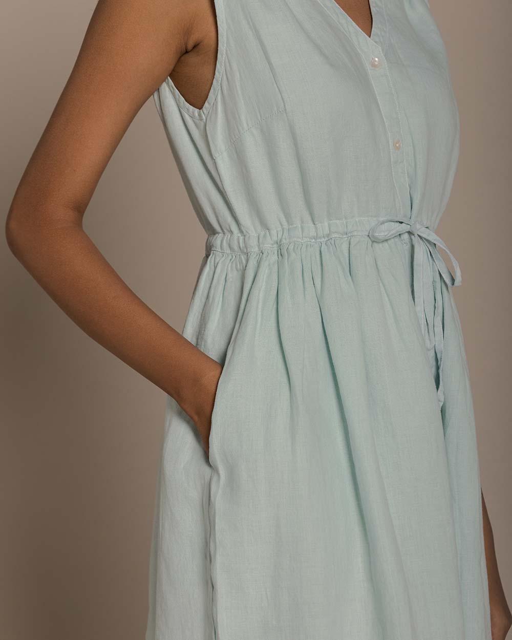 Reistor Pina Colada Season Dress in airy mint green with a cinched waist, pockets, and an effortless drape.