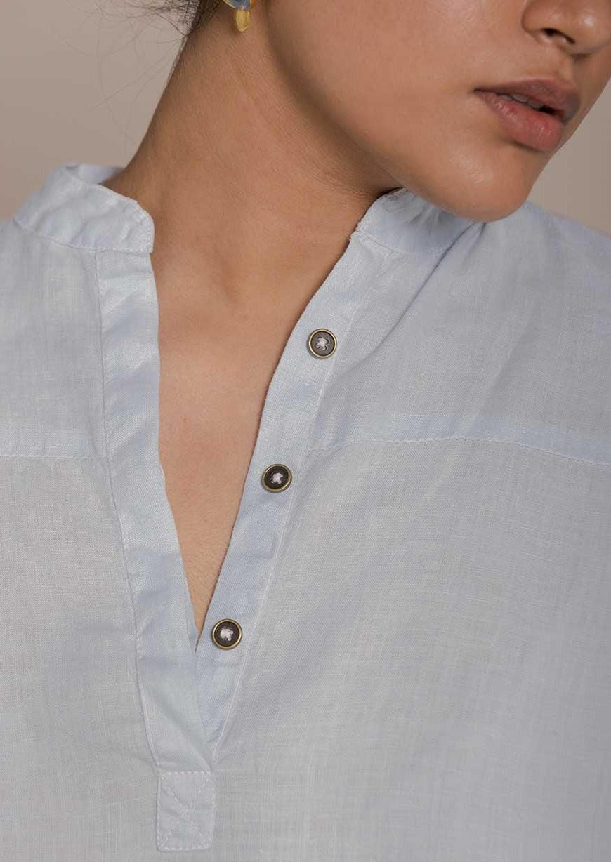 Reistor The Afternoon Thunderstorm Shirt in Blue featuring a band collar, button placket, breathable fabric and timeless style